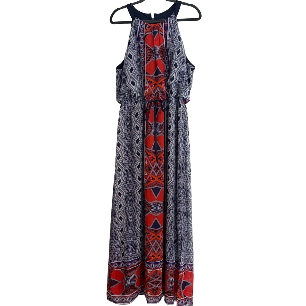 Nine West Womens Geometric Tribal Print Halter Maxi Dress Navy Red Size 16